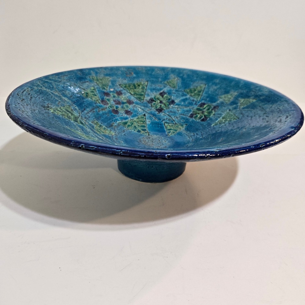 Bitossi Ceramic Bowl 12in Pedestal Blue Rimini Blu Mid Century Italy Pottery MCM